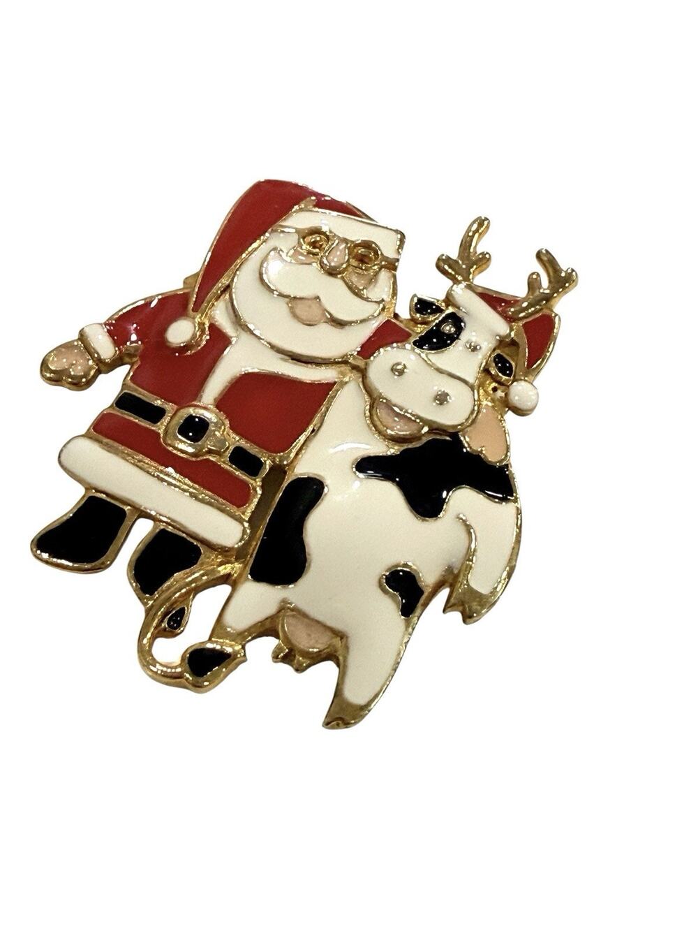 Vintage Berebi Enamel Brooch Lapel Pin Santa Claus With Reindeer Cow Farmhouse